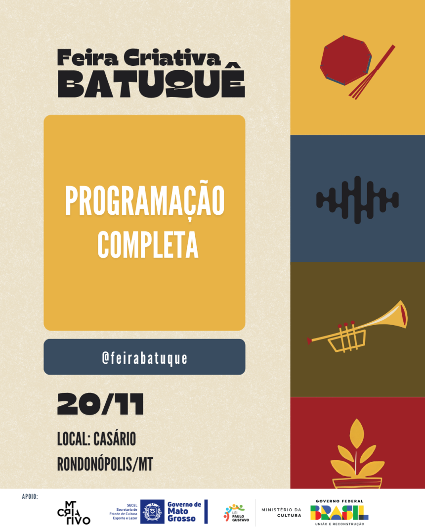 Feira Criativa Batuquê 20/11 no Casário em Rondonópolis celebra Consciência Negra com música, dança e batalha de rima.