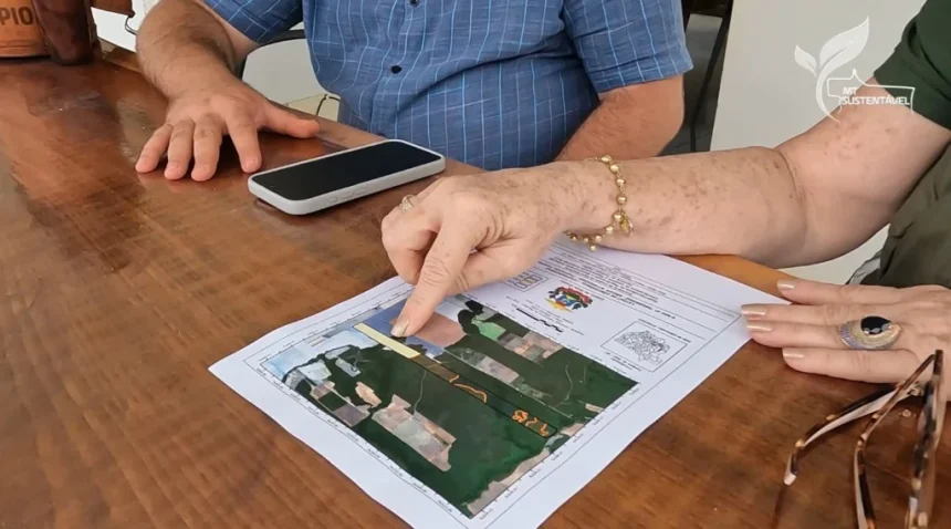 Mapa digital de propriedade rural em tela de computador representando a regularização ambiental.