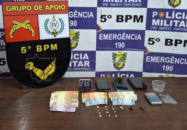 Tráfico de drogas em Rondonópolis resulta na prisão de dois suspeitos no Jardim Rui Barbosa, com apreensão de cocaína, maconha, dinheiro e balança de precisão.