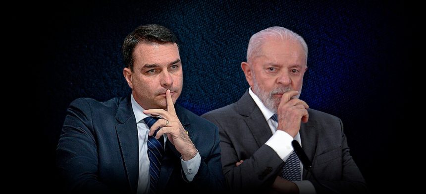 Infográfico mostrando as intenções de voto entre Lula e Flávio Bolsonaro para a presidência em 2026.