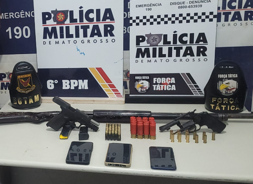 A PM efetuou a prisão de faccionados em Cáceres após ataque com caminhonete roubada em Rondonópolis. Três armas e munições foram apreendidas.