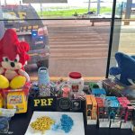 Comprimidos de ecstasy coloridos ao lado de brinquedos de pelúcia em uma mesa de apreensão da PRF.