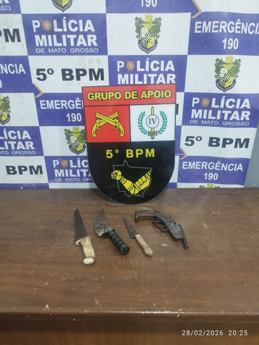 Caso grave de violência doméstica em Rondonópolis envolve ameaça de morte a crianças e apreensão de arma artesanal na zona rural.