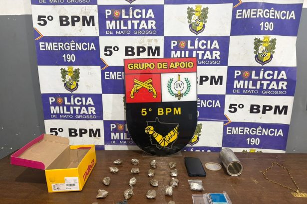 Polícia Militar prende suspeito por tráfico de drogas no bairro Vila Verde, em Rondonópolis, após denúncia de comércio perto de escola.