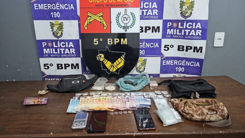 PM prende suspeito por tráfico ilícito de drogas no Vila Canaã em Rondonópolis com dinheiro e entorpecentes durante operação.
